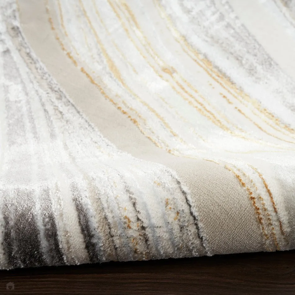 Glitz GLZ21 Modern Abstract Marbled Curve Distressed Metallic Shimmer Hi-Low Textured Soft-Touch Short-Pile Polyester Grey/Gold Runner