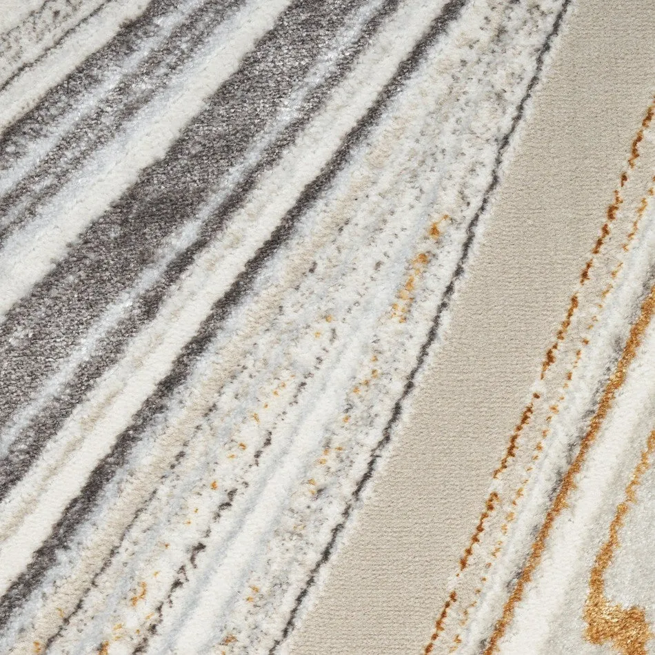 Glitz GLZ21 Modern Abstract Marbled Curve Distressed Metallic Shimmer Hi-Low Textured Soft-Touch Short-Pile Polyester Grey/Gold Runner