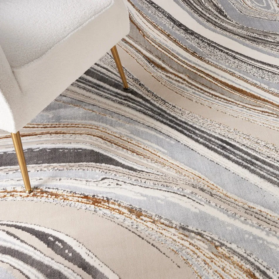 Glitz GLZ21 Modern Abstract Marbled Curve Distressed Metallic Shimmer Hi-Low Textured Soft-Touch Short-Pile Polyester Grey/Gold Runner