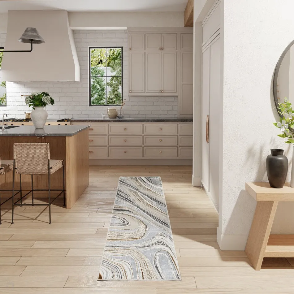 Glitz GLZ21 Modern Abstract Marbled Curve Distressed Metallic Shimmer Hi-Low Textured Soft-Touch Short-Pile Polyester Grey/Gold Runner