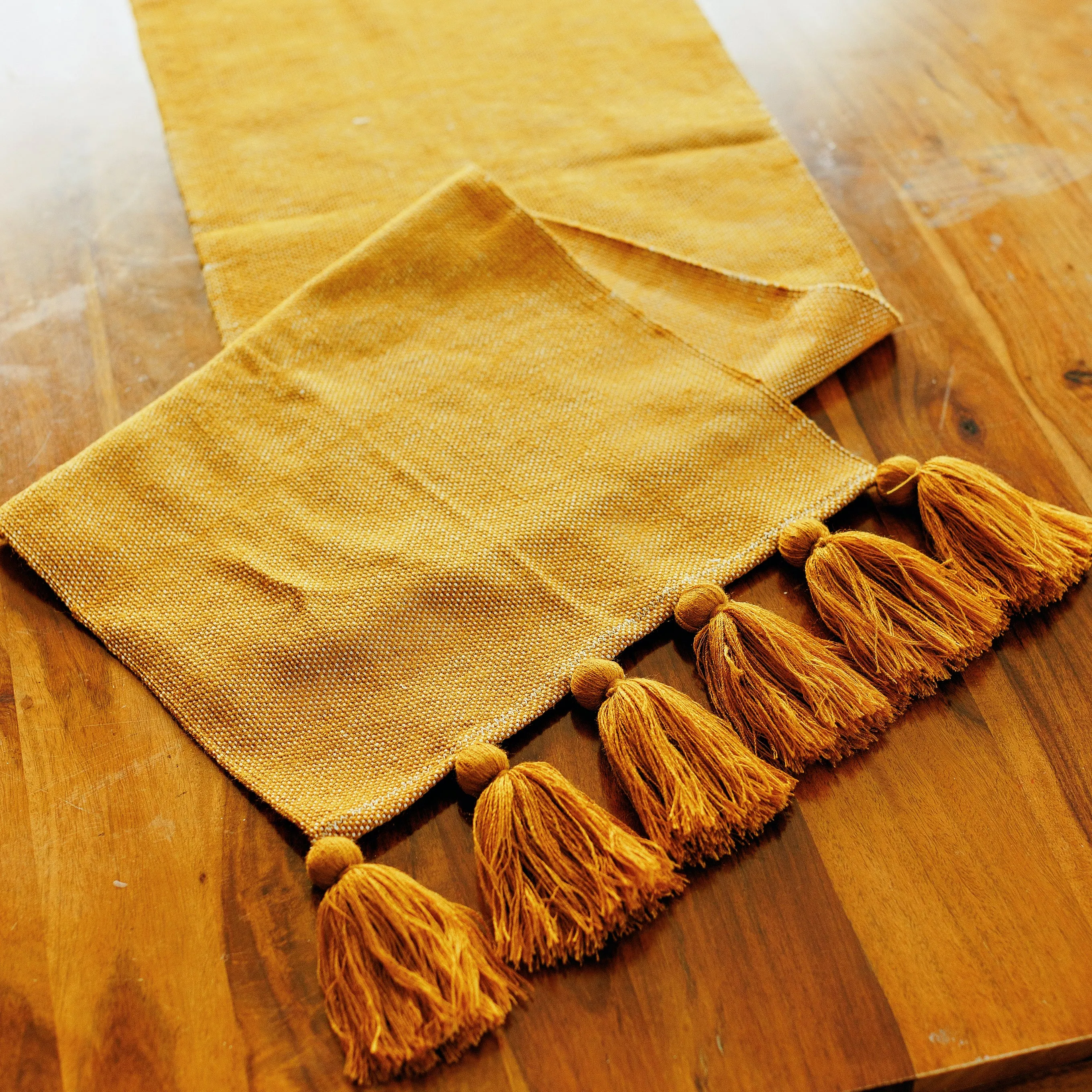 Handwoven Table Runner with Tassels - Mustard