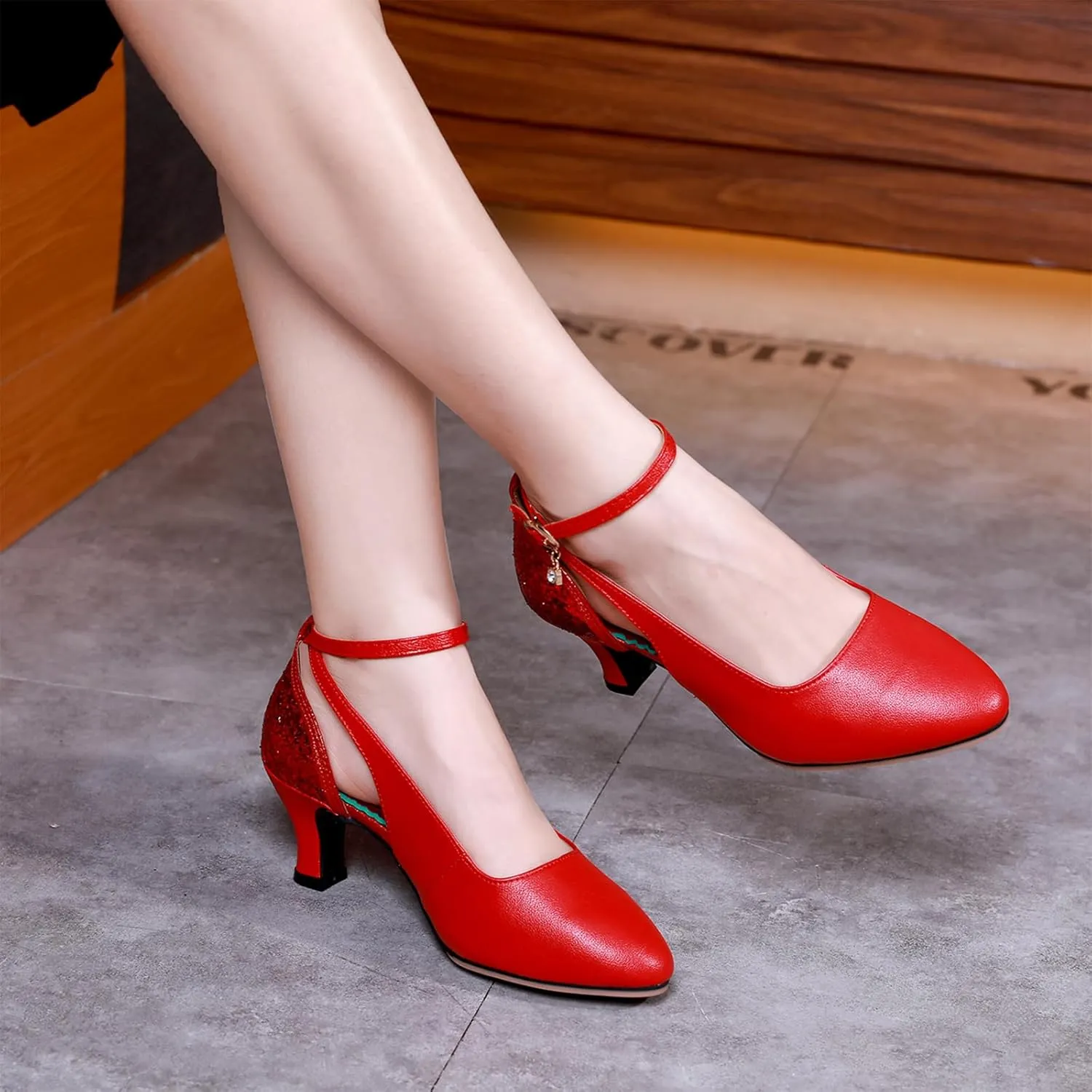 HROYL Women Closed Toe Ballroom Dance Shoes Low Heel Performence Wedding Party Social Sequin Dancing Pumps,Model FT085