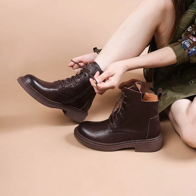 Leather Martin Boots Brush-Off Combat Boots Lace Up Ankle Boots in Black/Coffee/Brown
