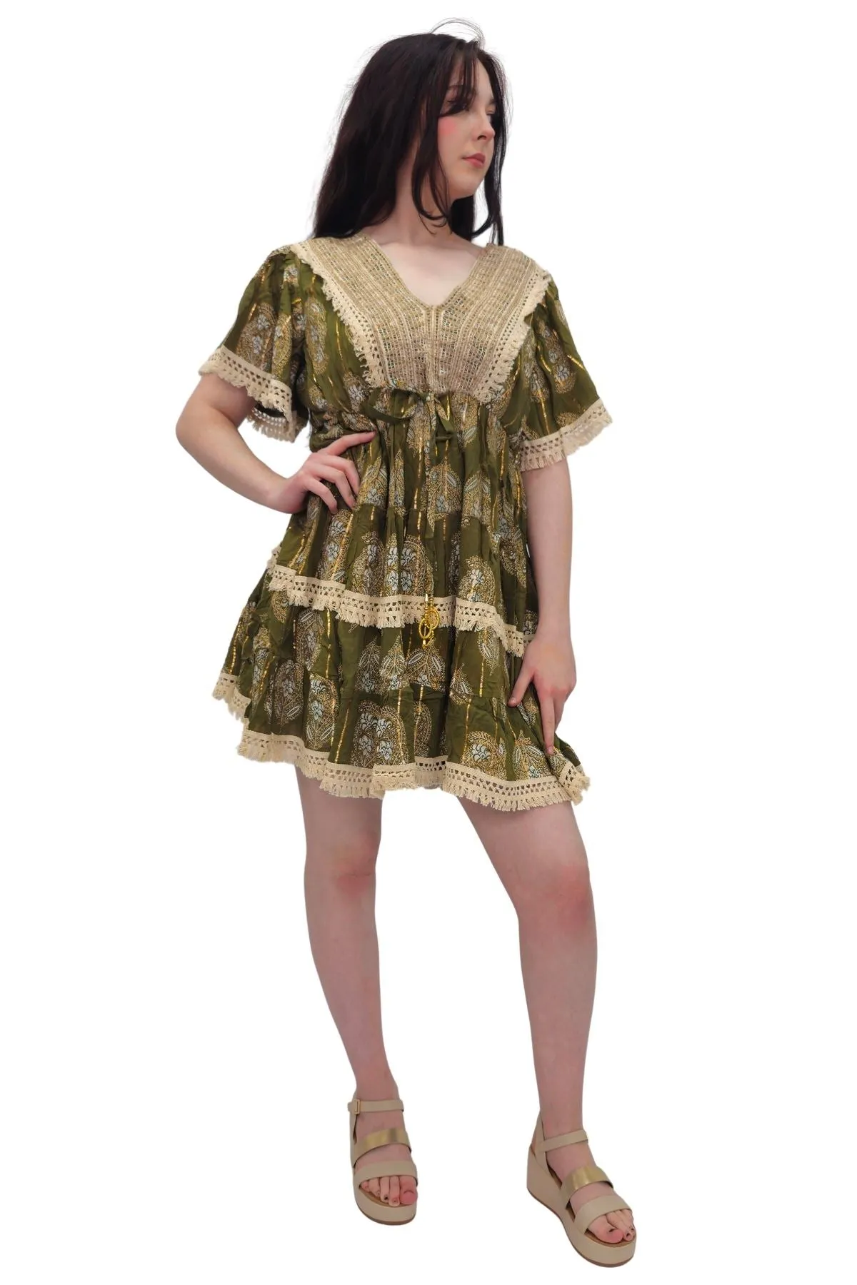 Leaves Print Lace Embroidered V Neck Dress