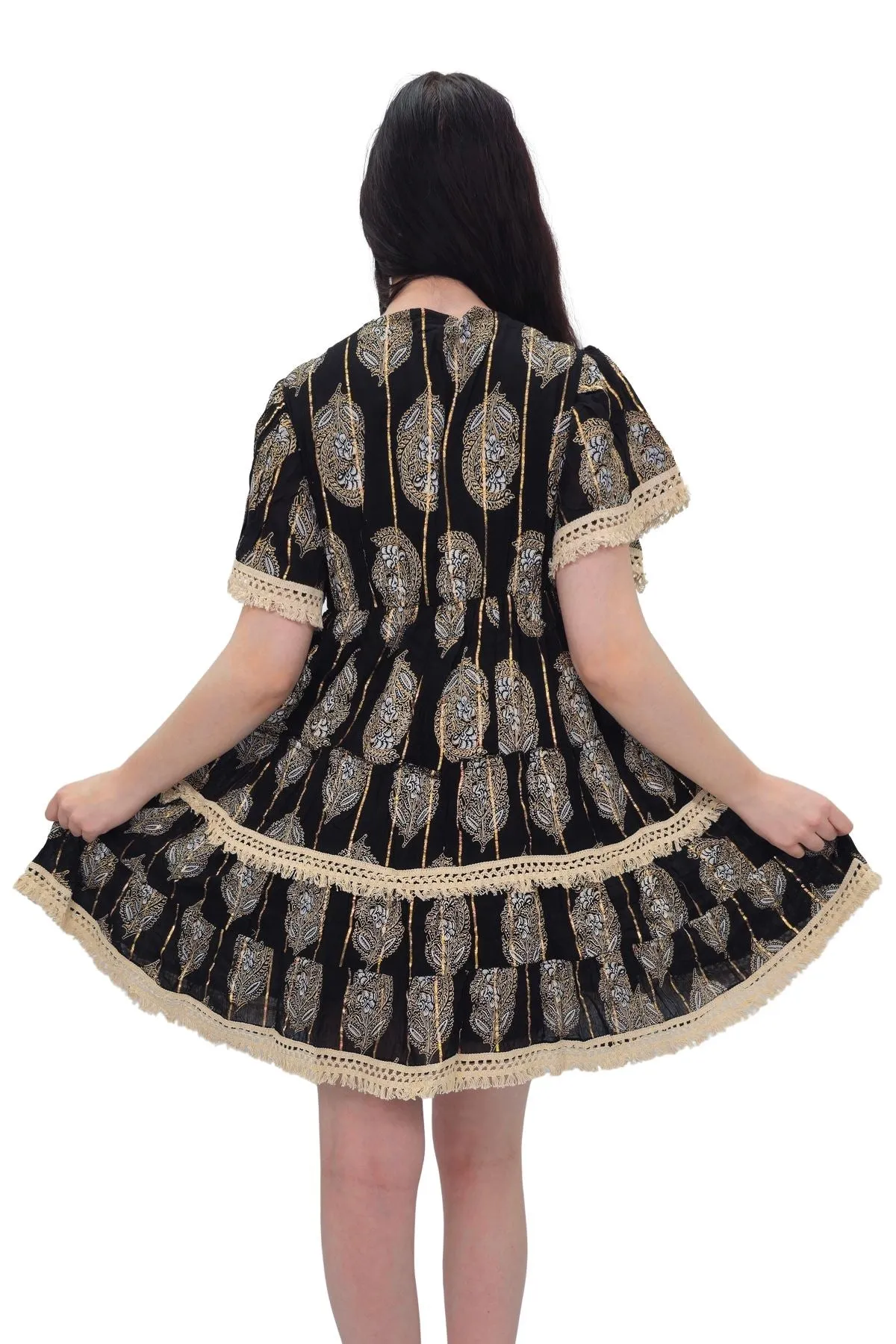 Leaves Print Lace Embroidered V Neck Dress