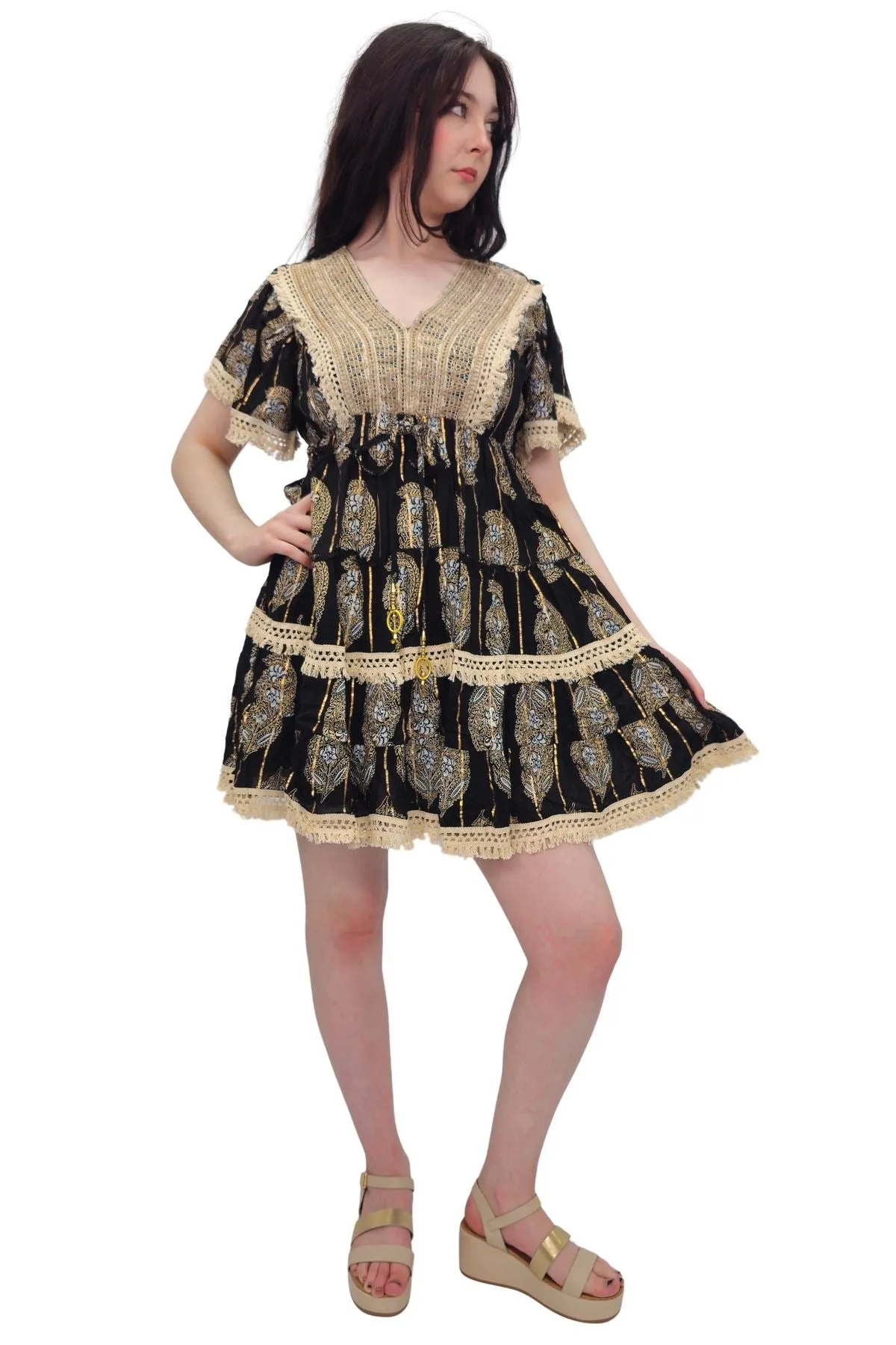 Leaves Print Lace Embroidered V Neck Dress