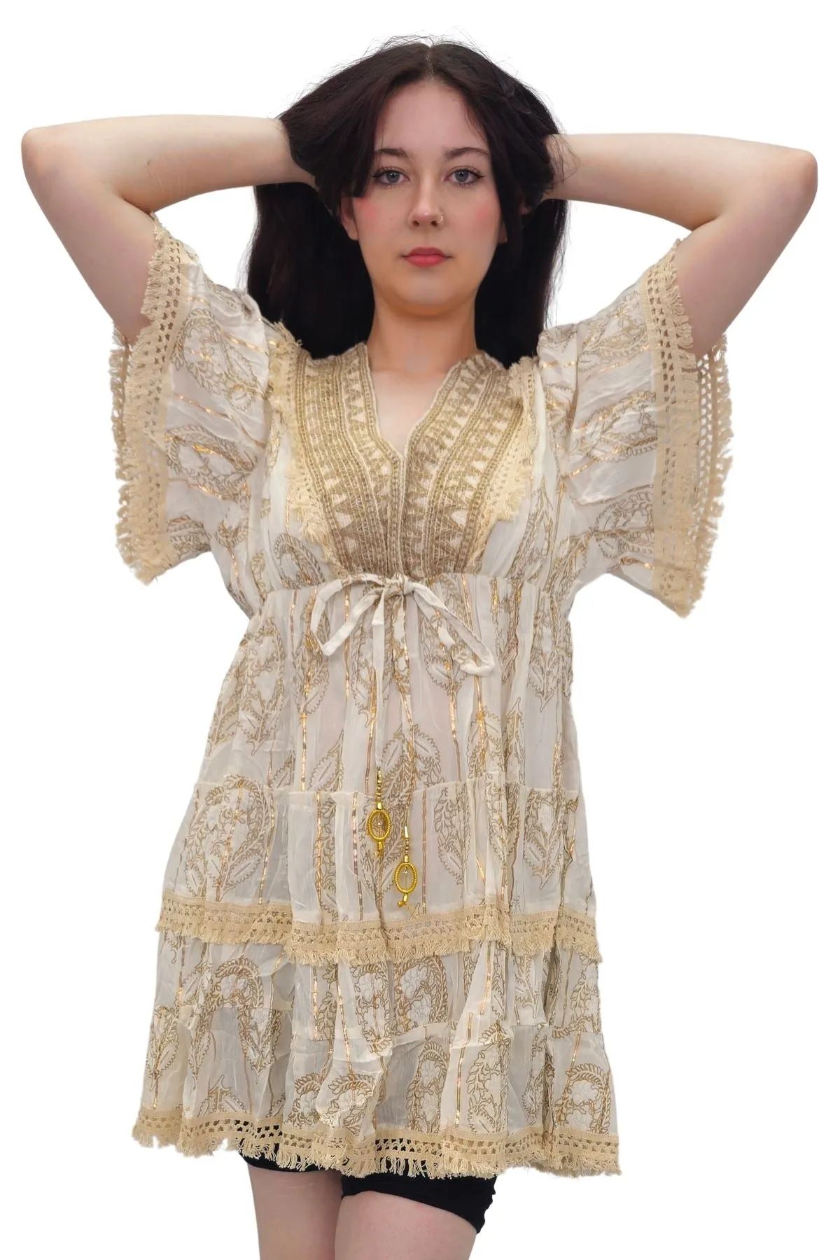 Leaves Print Lace Embroidered V Neck Dress