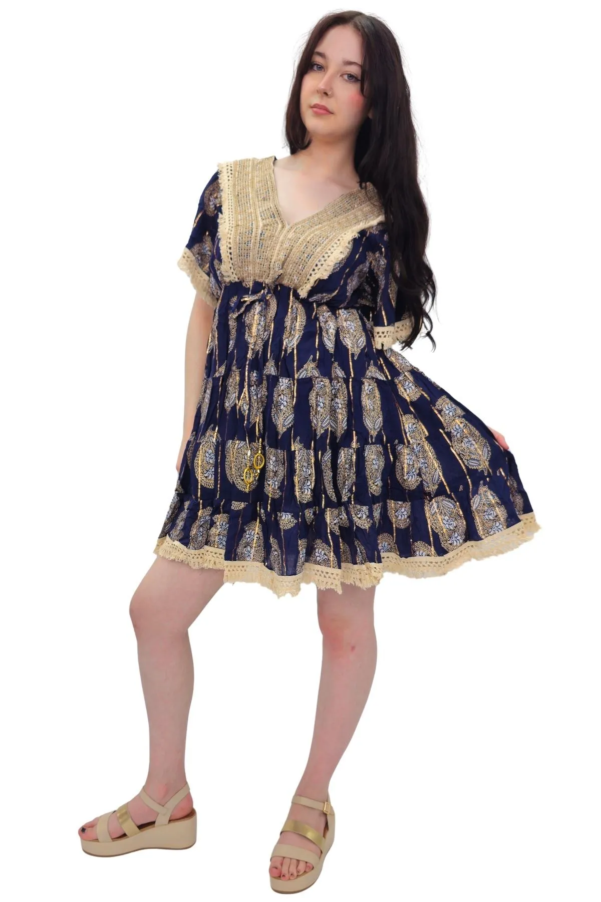 Leaves Print Lace Embroidered V Neck Dress