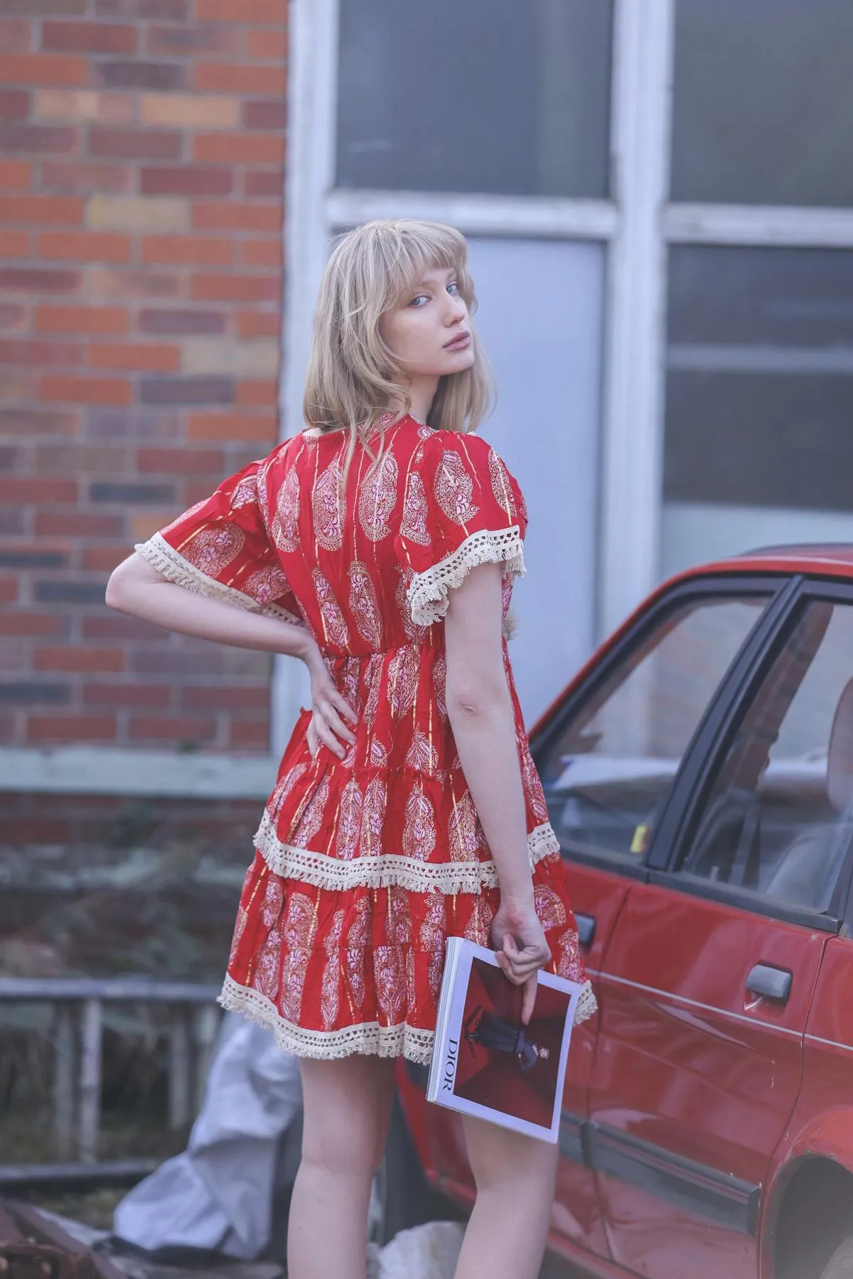 Leaves Print Lace Embroidered V Neck Dress