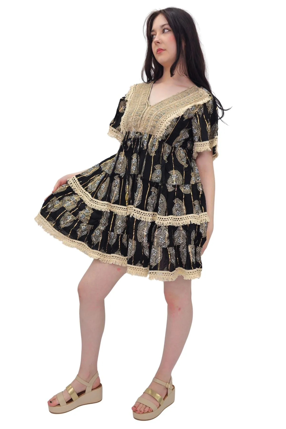 Leaves Print Lace Embroidered V Neck Dress
