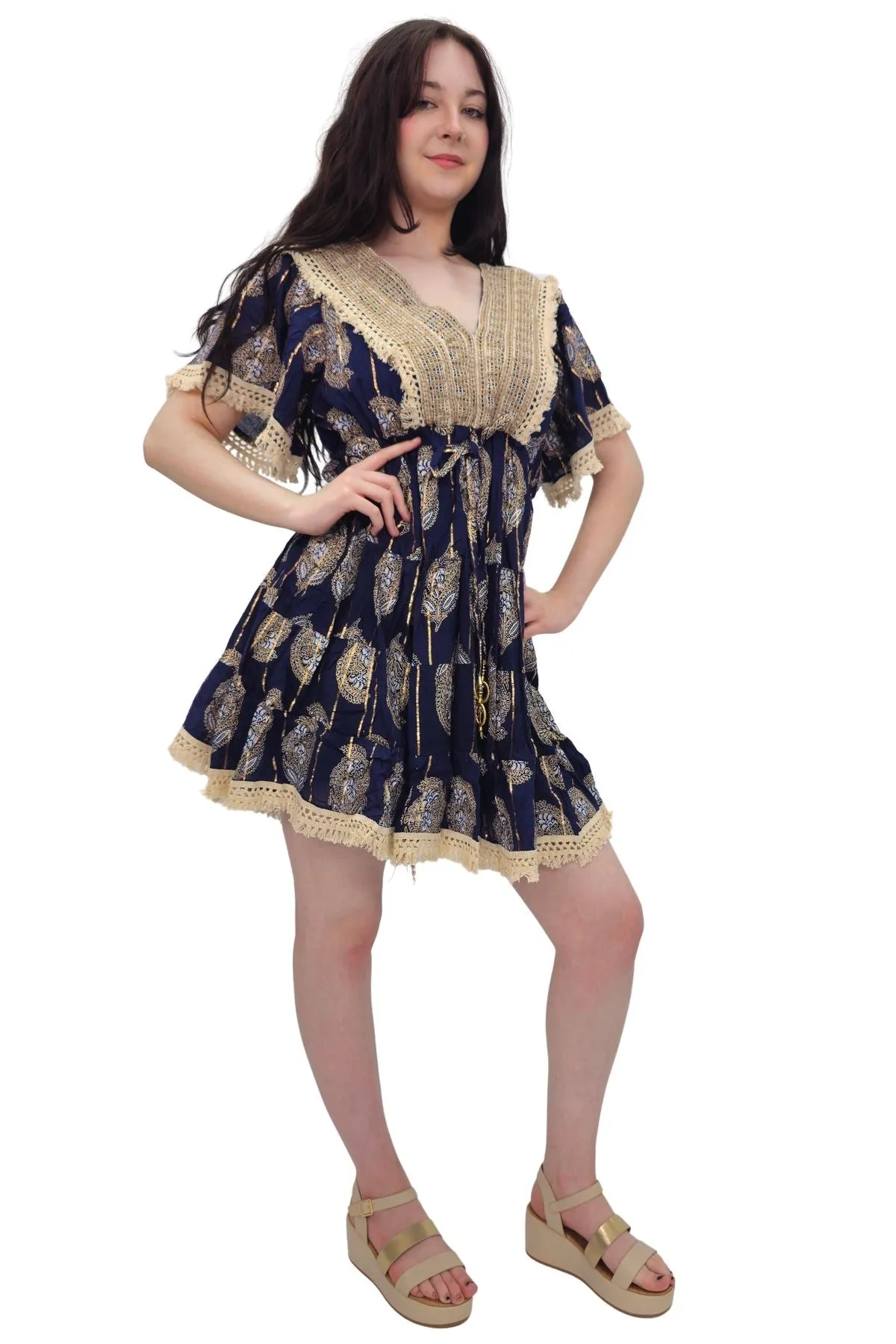 Leaves Print Lace Embroidered V Neck Dress
