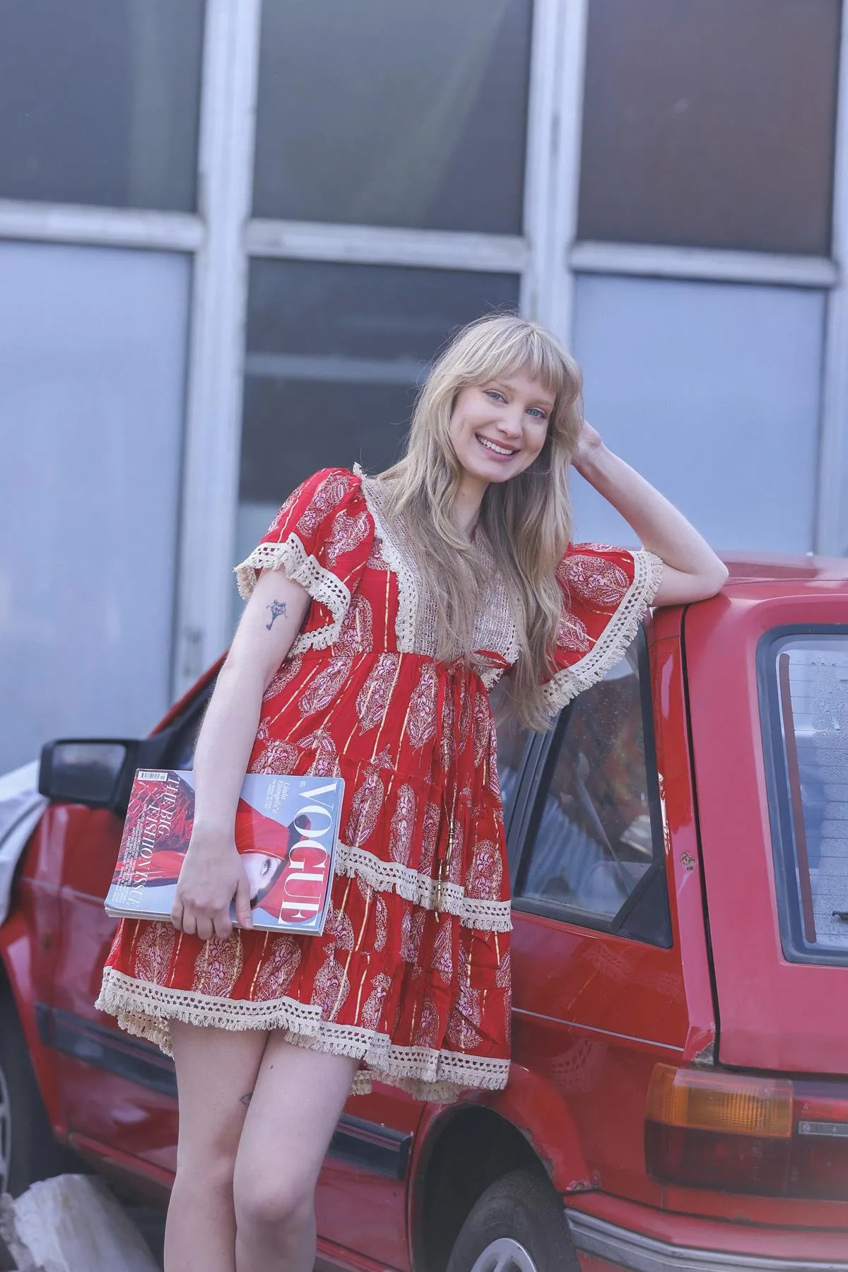 Leaves Print Lace Embroidered V Neck Dress