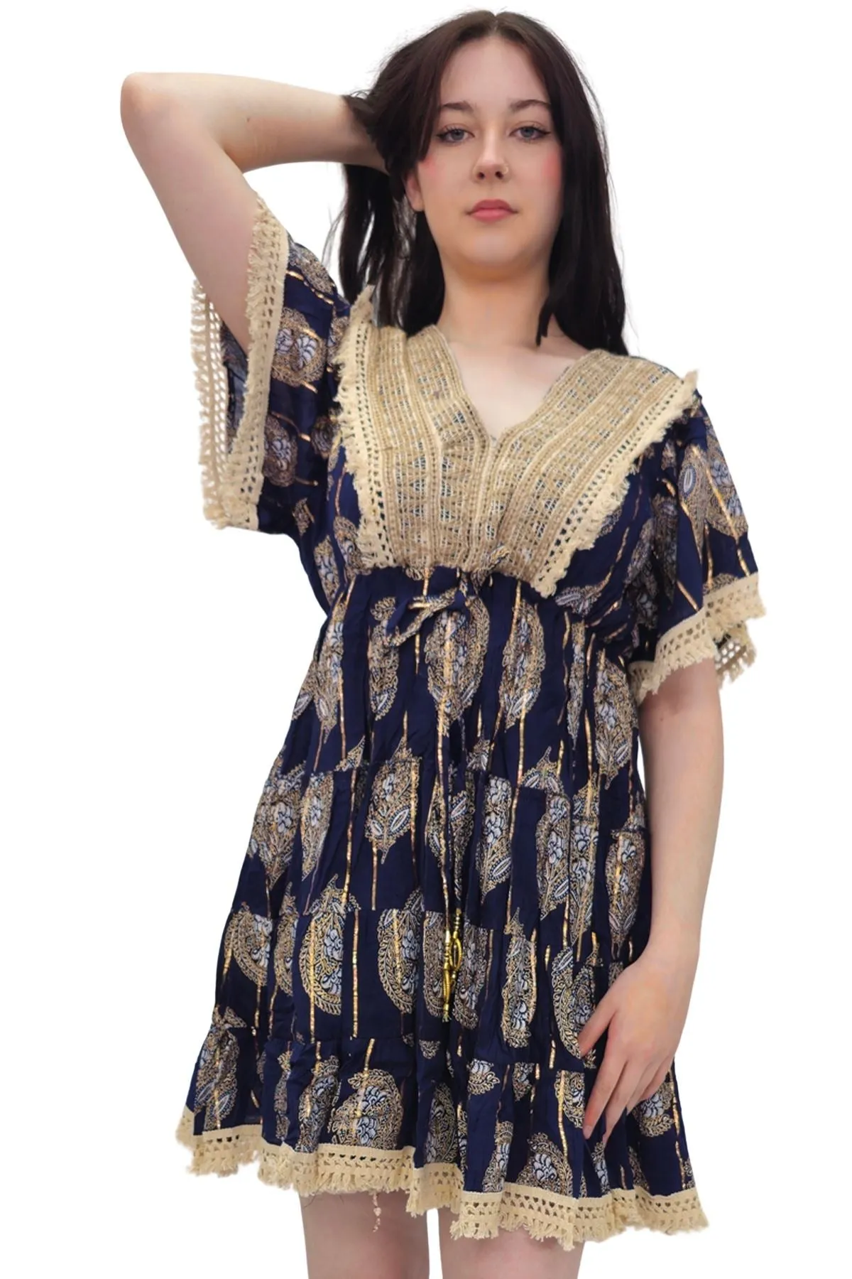 Leaves Print Lace Embroidered V Neck Dress