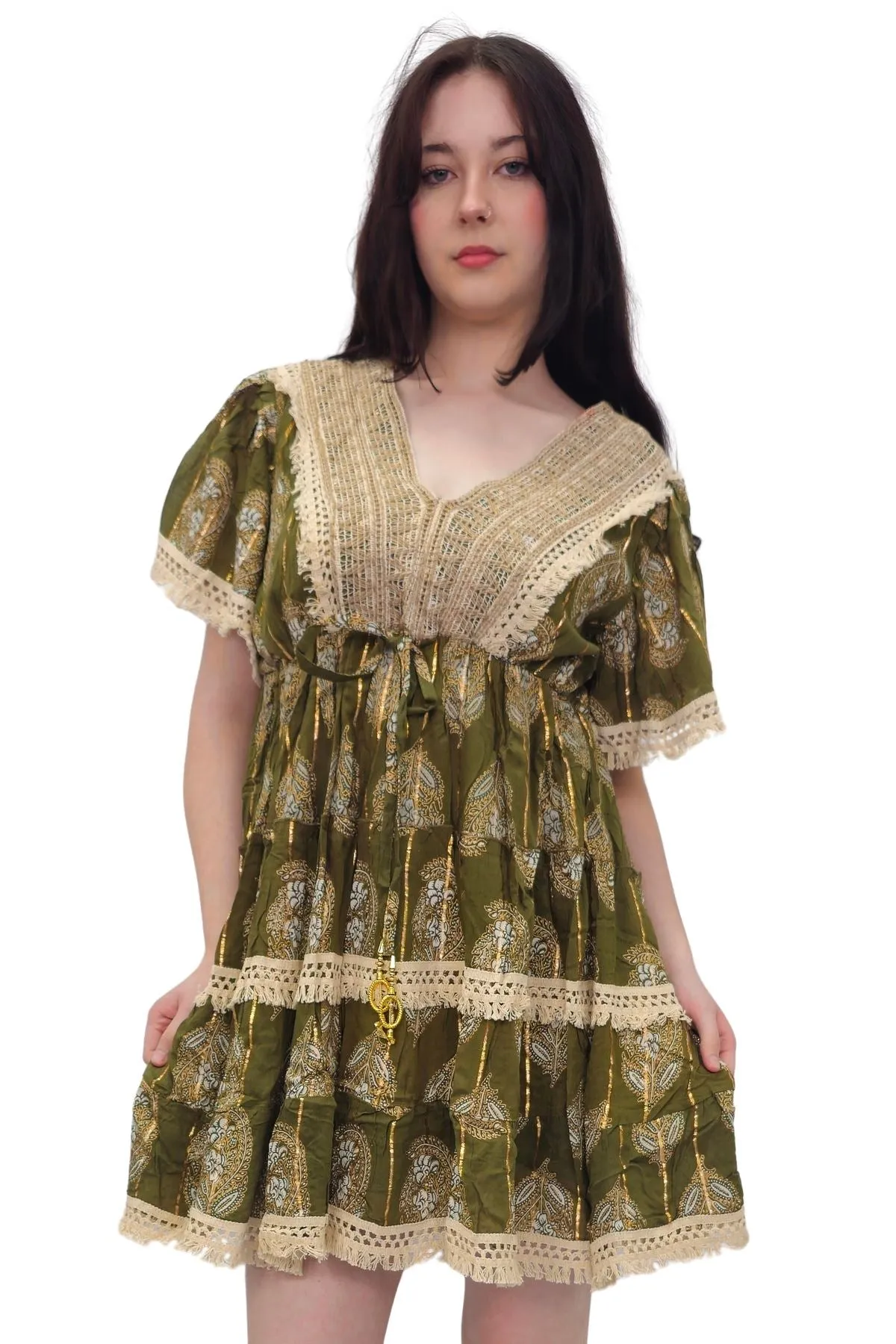 Leaves Print Lace Embroidered V Neck Dress
