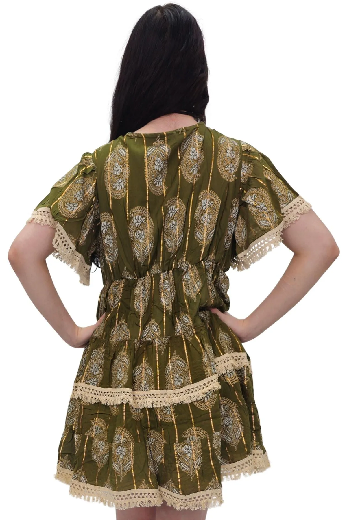 Leaves Print Lace Embroidered V Neck Dress