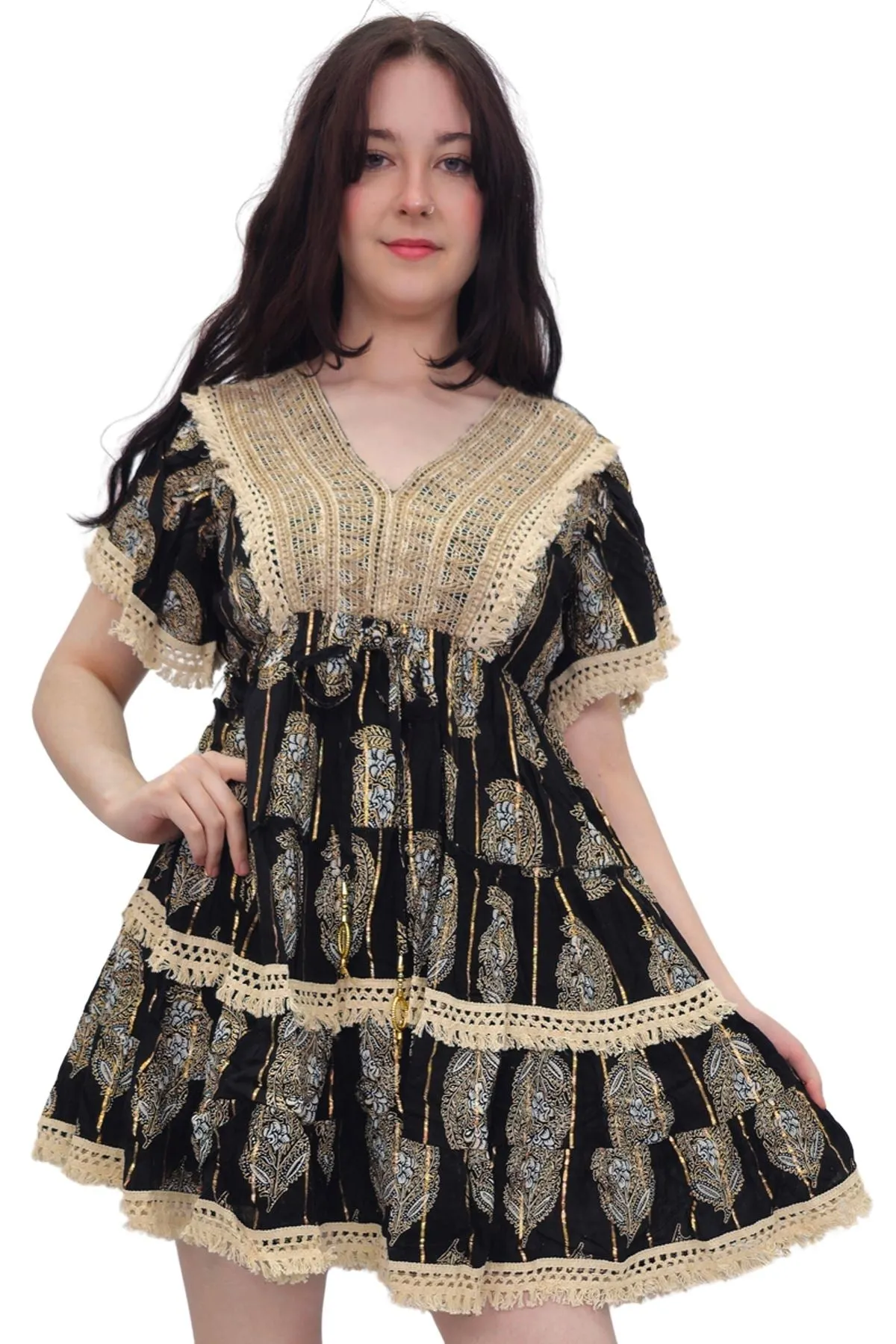 Leaves Print Lace Embroidered V Neck Dress