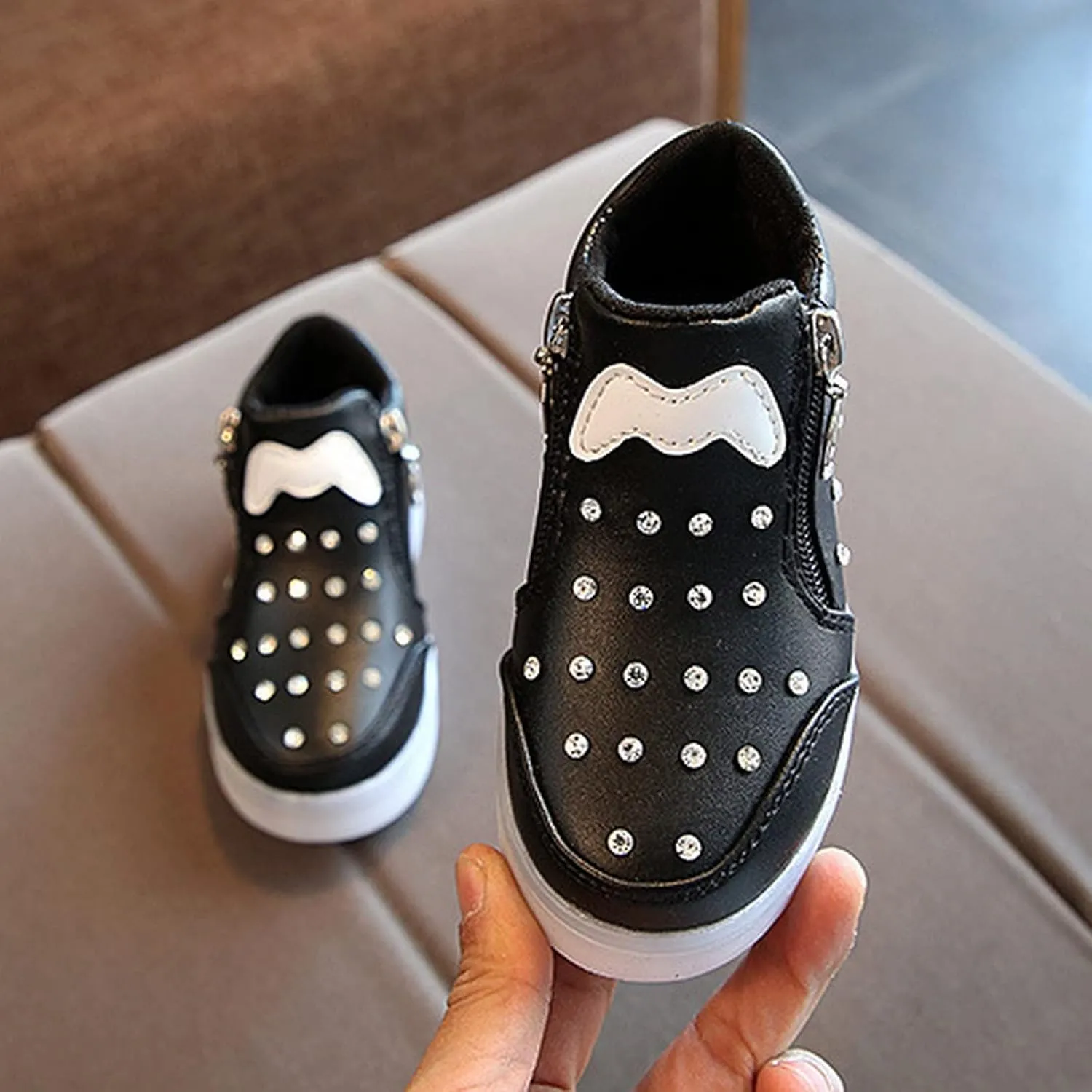 Little Boys Girls Toddler LED Flashing Sneakers Leather Zipper Flat Short Boots Lightweight Sport Shoes for Kids