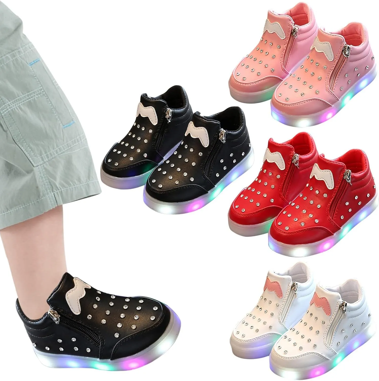 Little Boys Girls Toddler LED Flashing Sneakers Leather Zipper Flat Short Boots Lightweight Sport Shoes for Kids