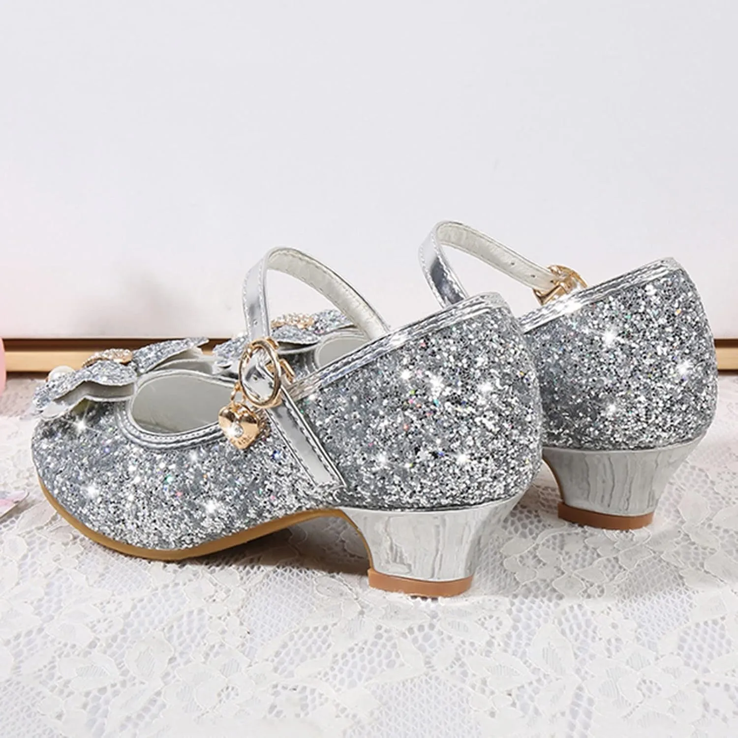 Little Girls Dress Pumps Glitter Sequins Low Heels Mary Jane Kids Party Dance Shoes Rhinestone Sandals