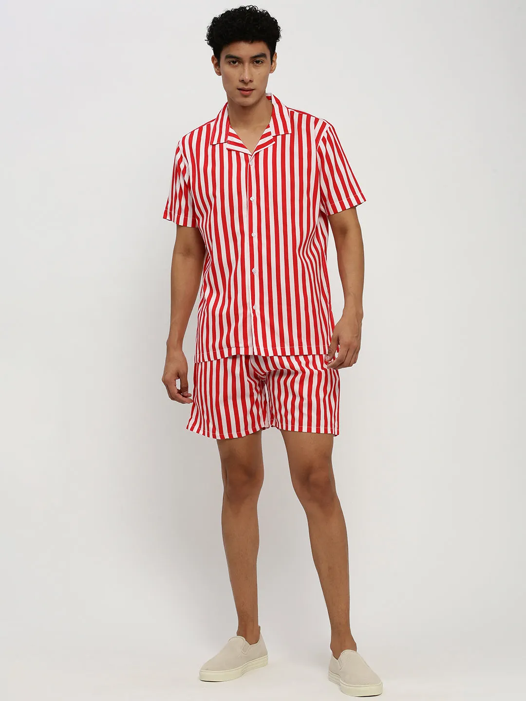 Men Red Striped Co ordSet