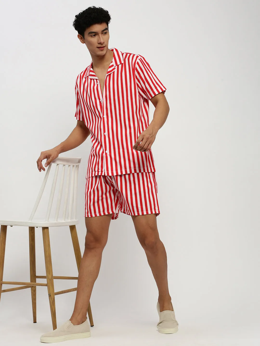 Men Red Striped Co ordSet