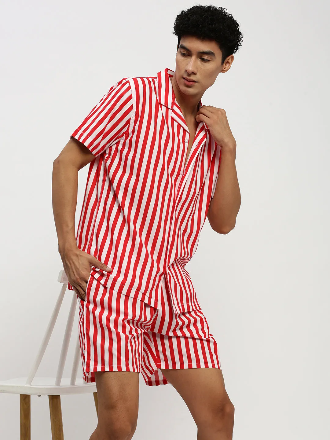 Men Red Striped Co ordSet