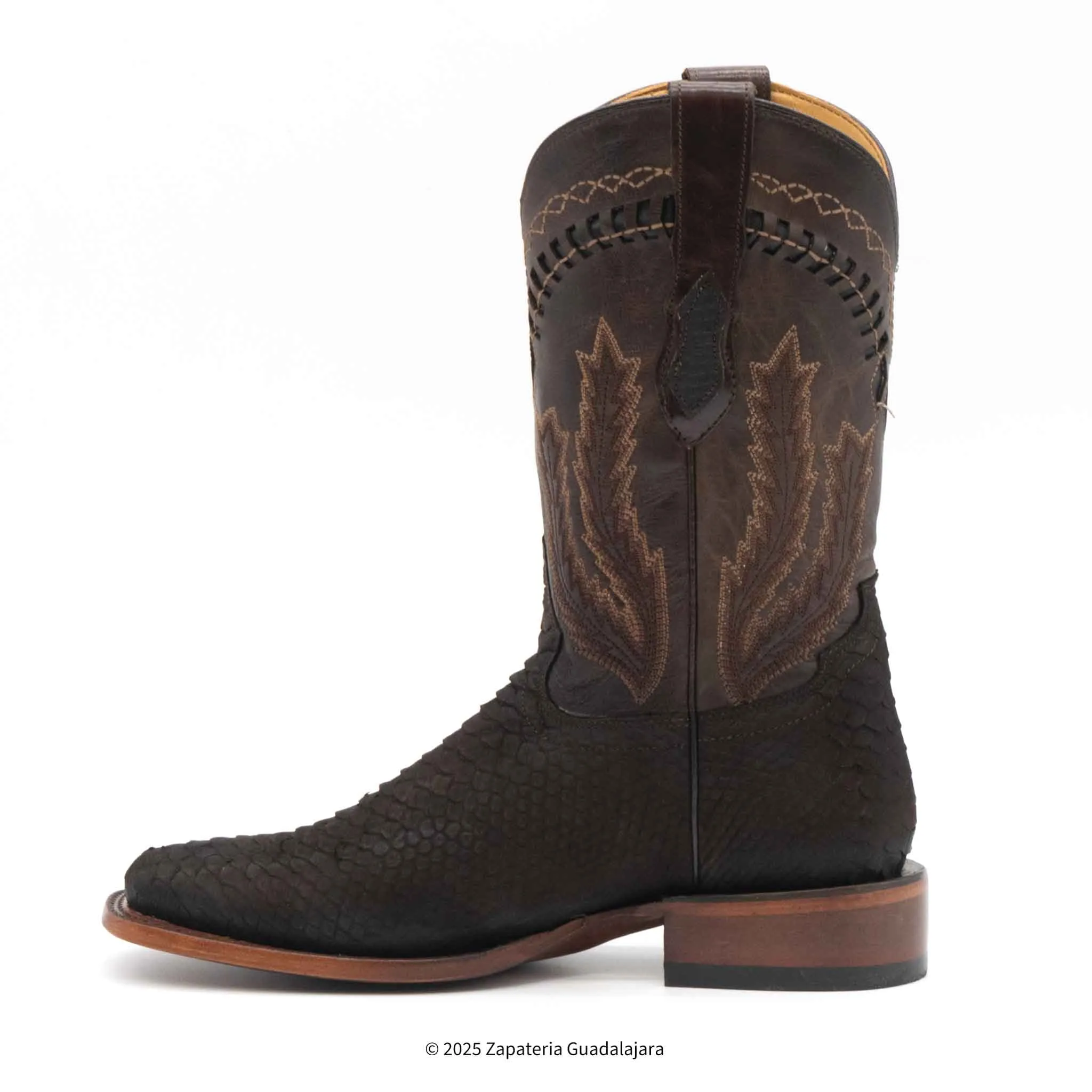 MEN'S WIDE SQUARE TOE FAUX PYTHON TRIBUTE CHOCO BROWN LEATHER BOOT -H52R6394