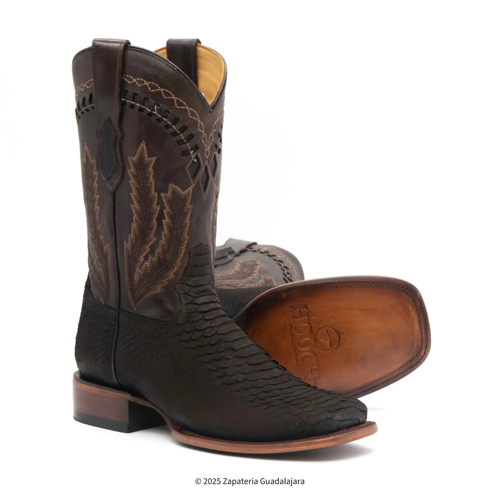 MEN'S WIDE SQUARE TOE FAUX PYTHON TRIBUTE CHOCO BROWN LEATHER BOOT -H52R6394