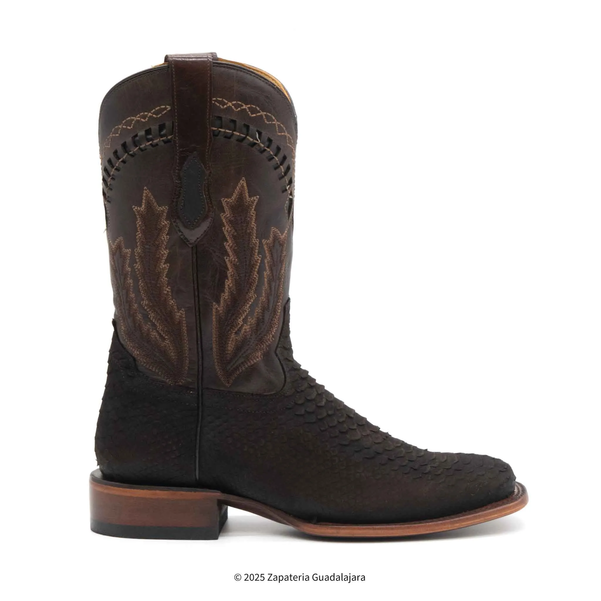 MEN'S WIDE SQUARE TOE FAUX PYTHON TRIBUTE CHOCO BROWN LEATHER BOOT -H52R6394