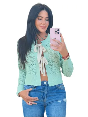 Mint Bow Tie Front Knit Sweater