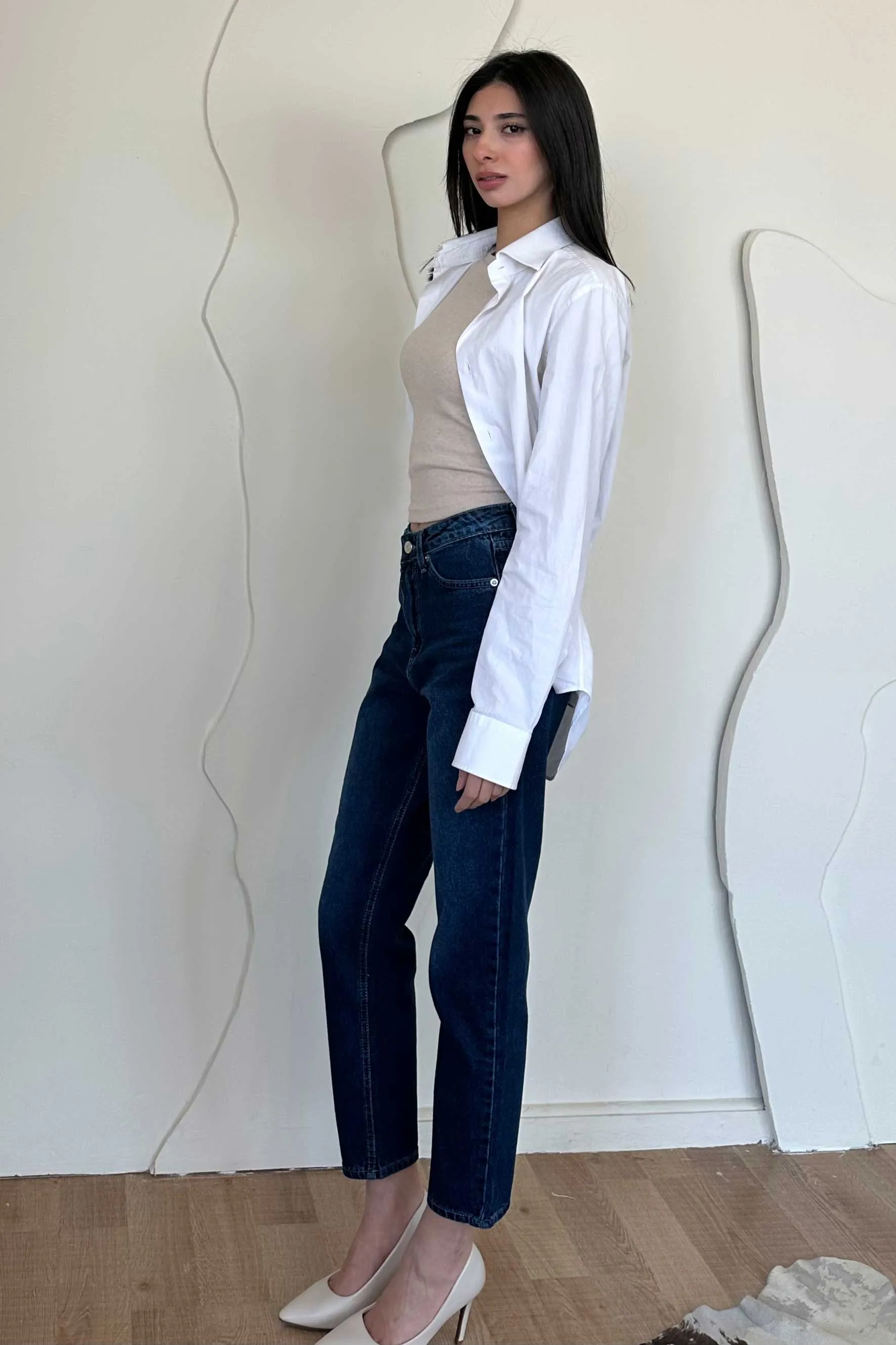 Mom-Fit - High-Waist Dark Blue Jeans