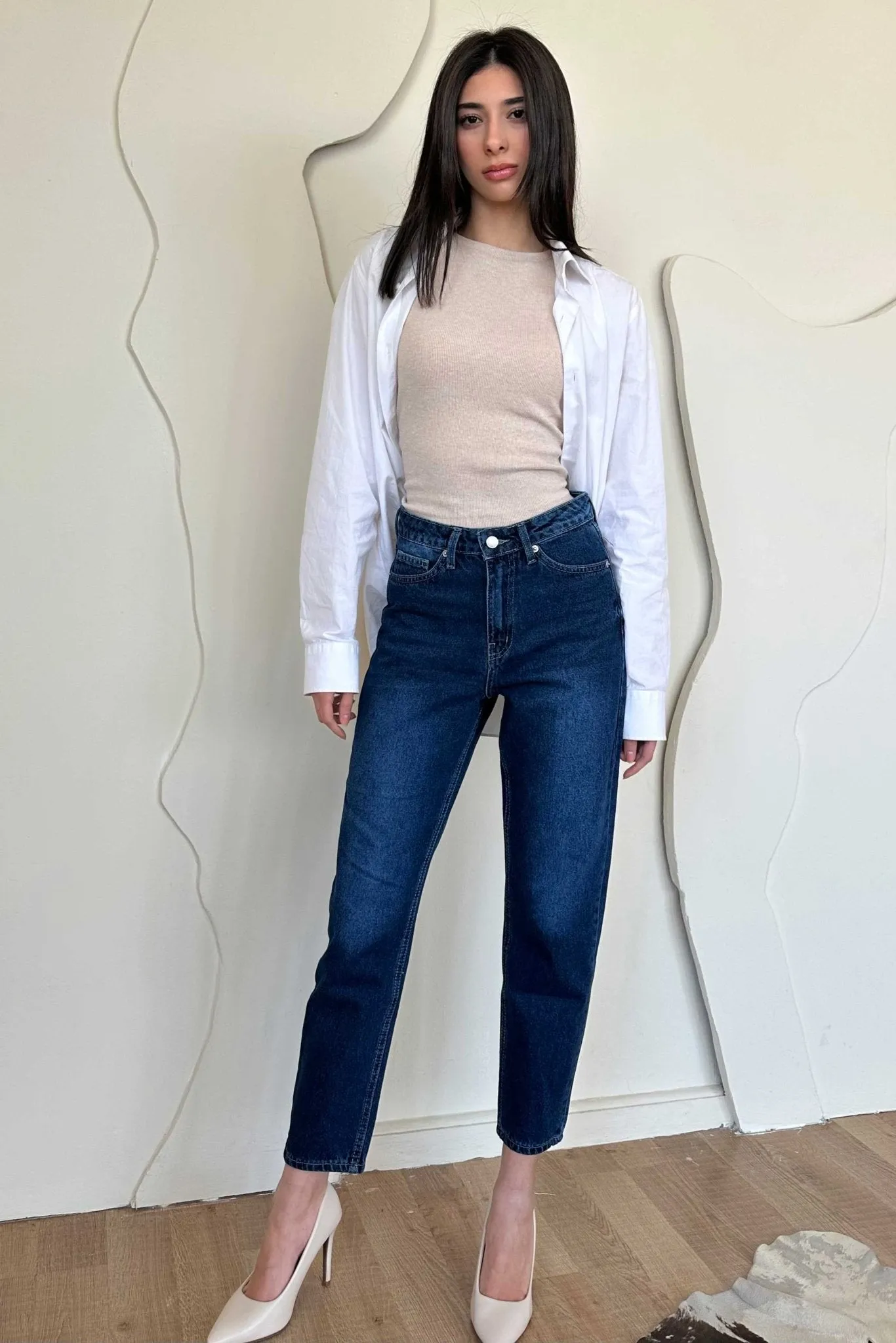 Mom-Fit - High-Waist Dark Blue Jeans