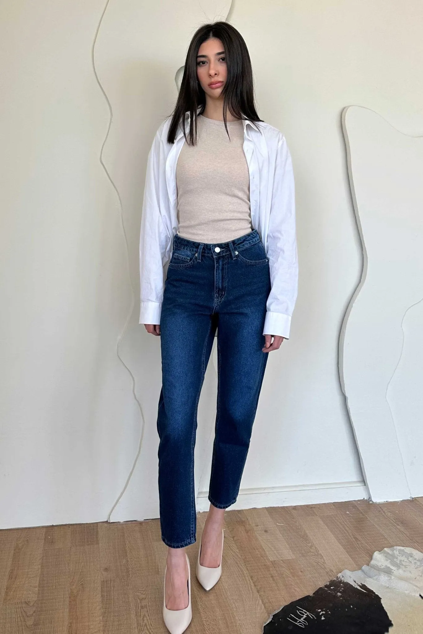 Mom-Fit - High-Waist Dark Blue Jeans