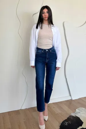 Mom-Fit - High-Waist Dark Blue Jeans