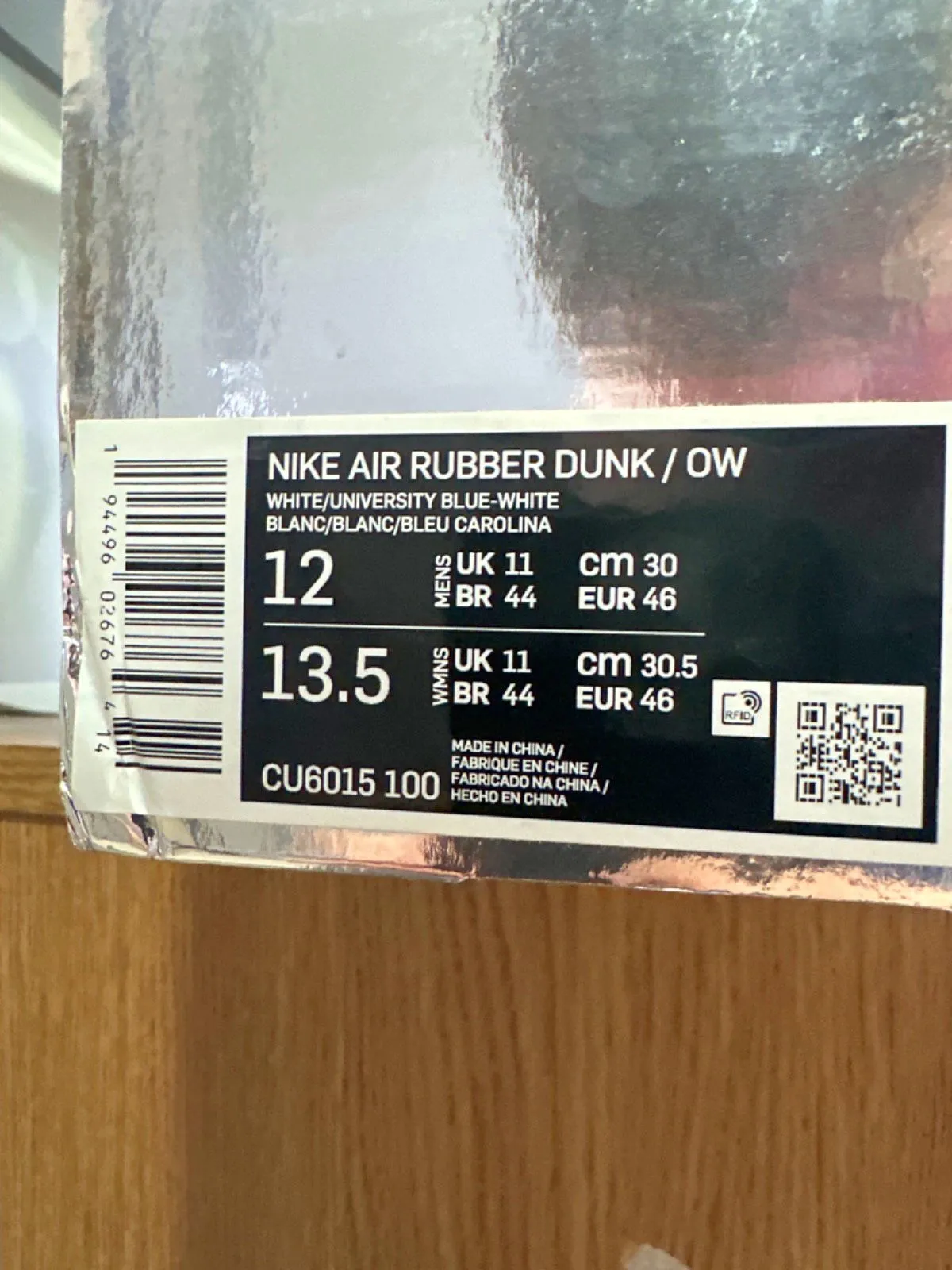 Nike CU6015 Silver/Blue Air Rubber Dunk Off White Trainers UK 11 👟