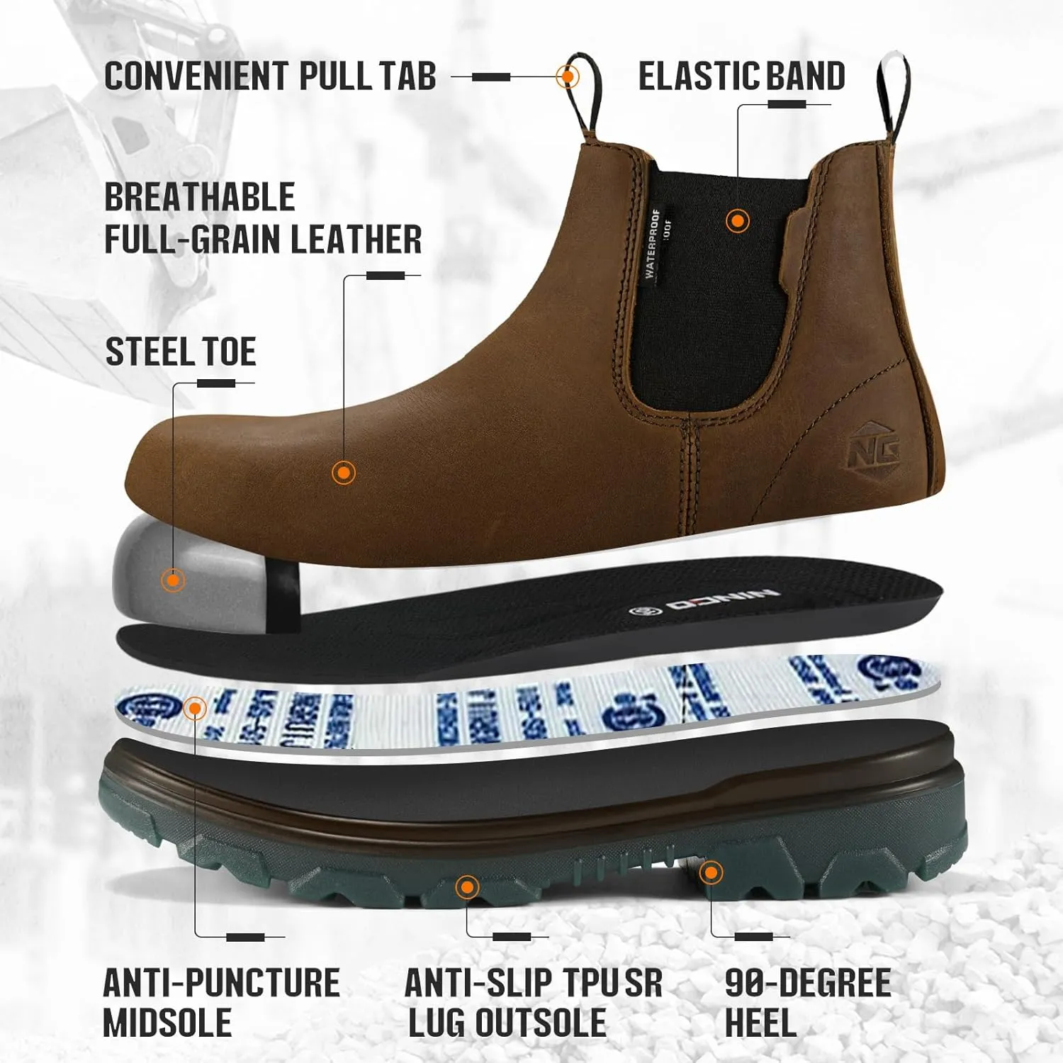 NINGO Waterproof Steel Toe Leather Chelsea Work Boots - Slip On, Puncture Resistant - Lightweight Safety Construction for Men & Women - Industrial, Warehouse