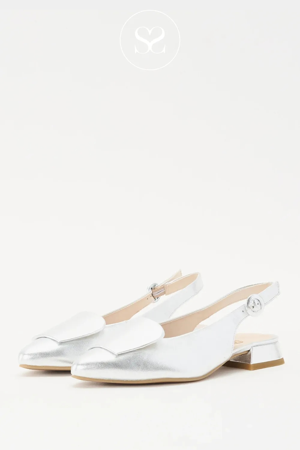 PAUL GREEN 6090 SILVER LEATHER SLINGBACK BLOCK HEEL PUMPS