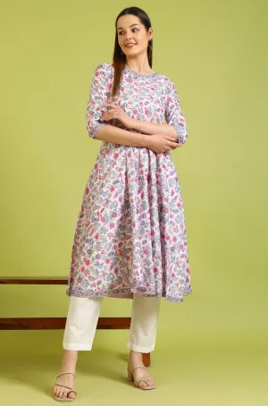 Pink Floral Printed Pure Cotton Flared Kurta and Pants Set