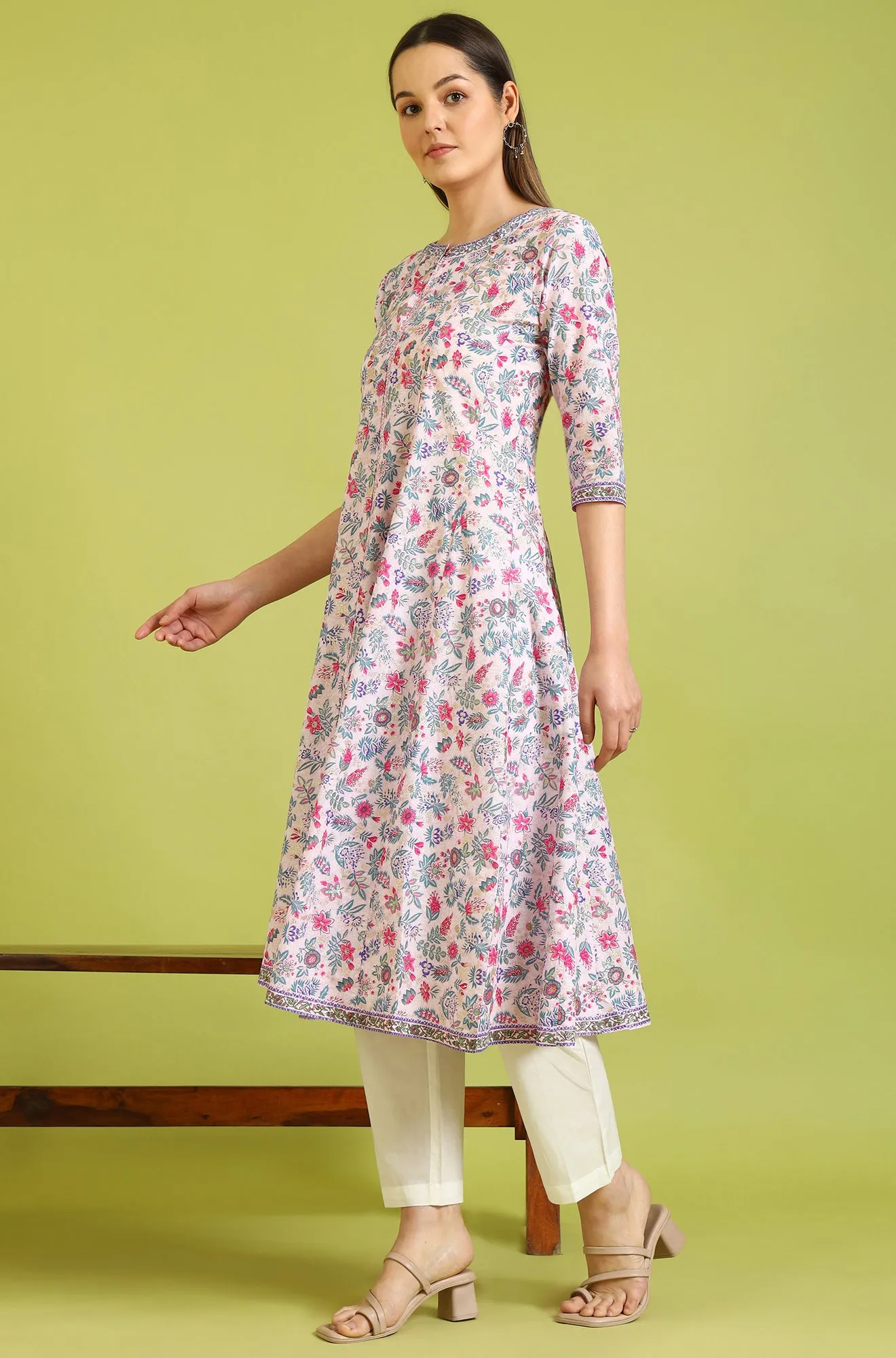 Pink Floral Printed Pure Cotton Flared Kurta and Pants Set