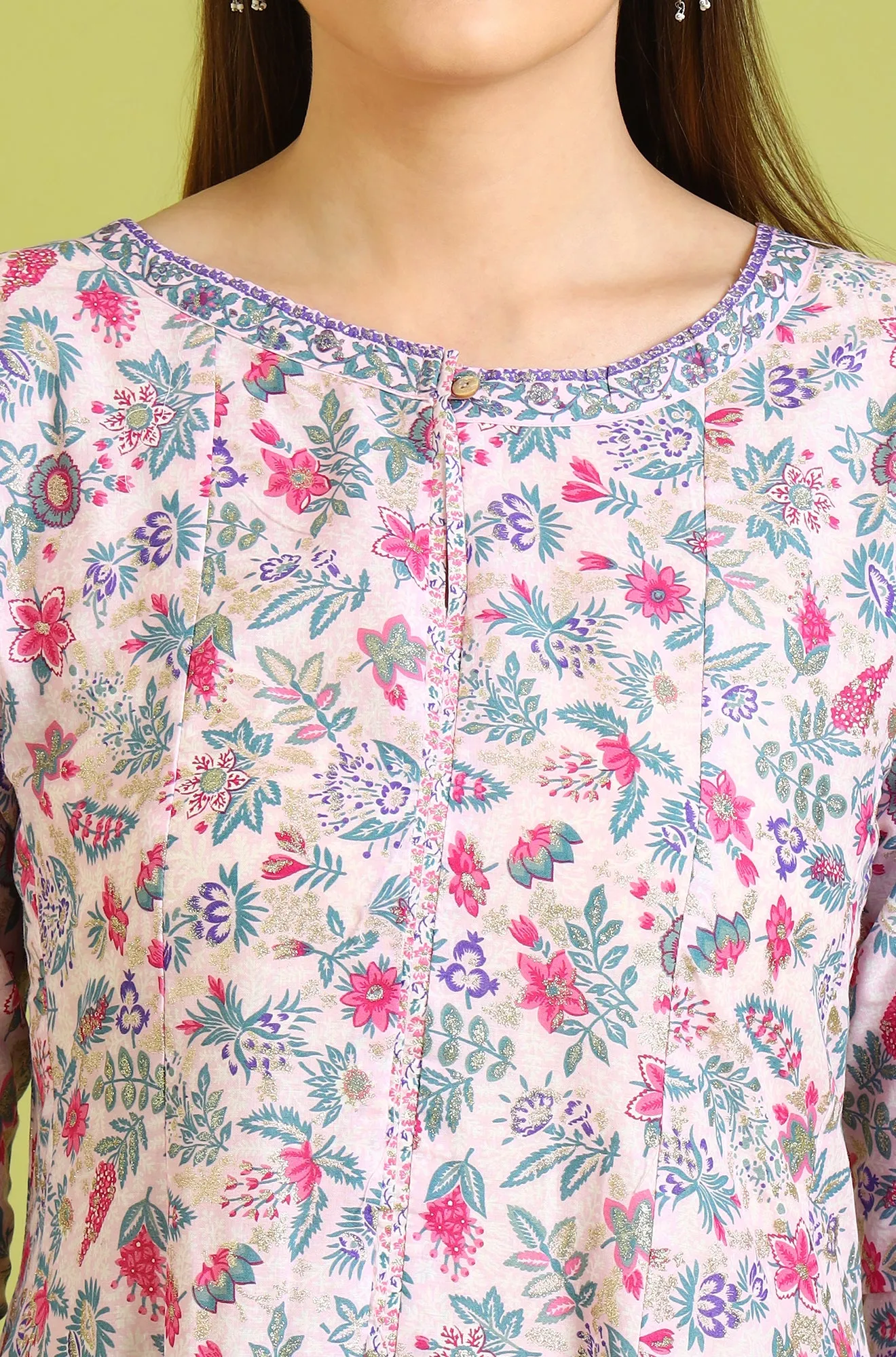 Pink Floral Printed Pure Cotton Flared Kurta and Pants Set