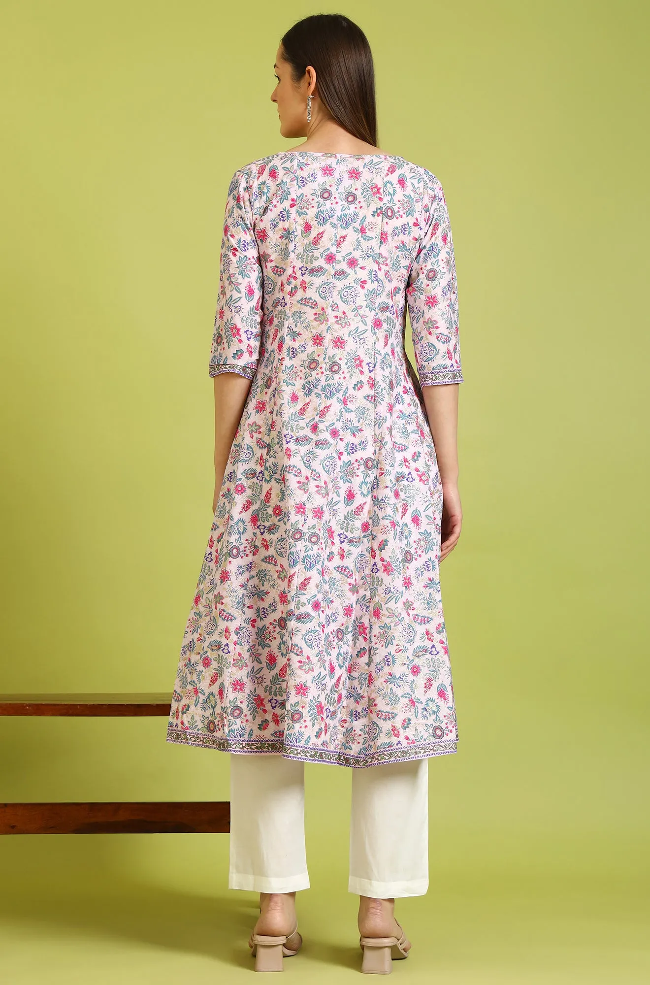 Pink Floral Printed Pure Cotton Flared Kurta and Pants Set