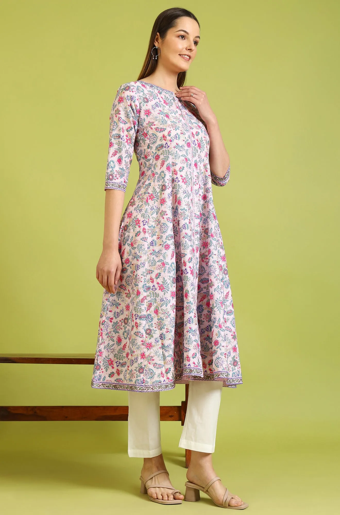 Pink Floral Printed Pure Cotton Flared Kurta and Pants Set