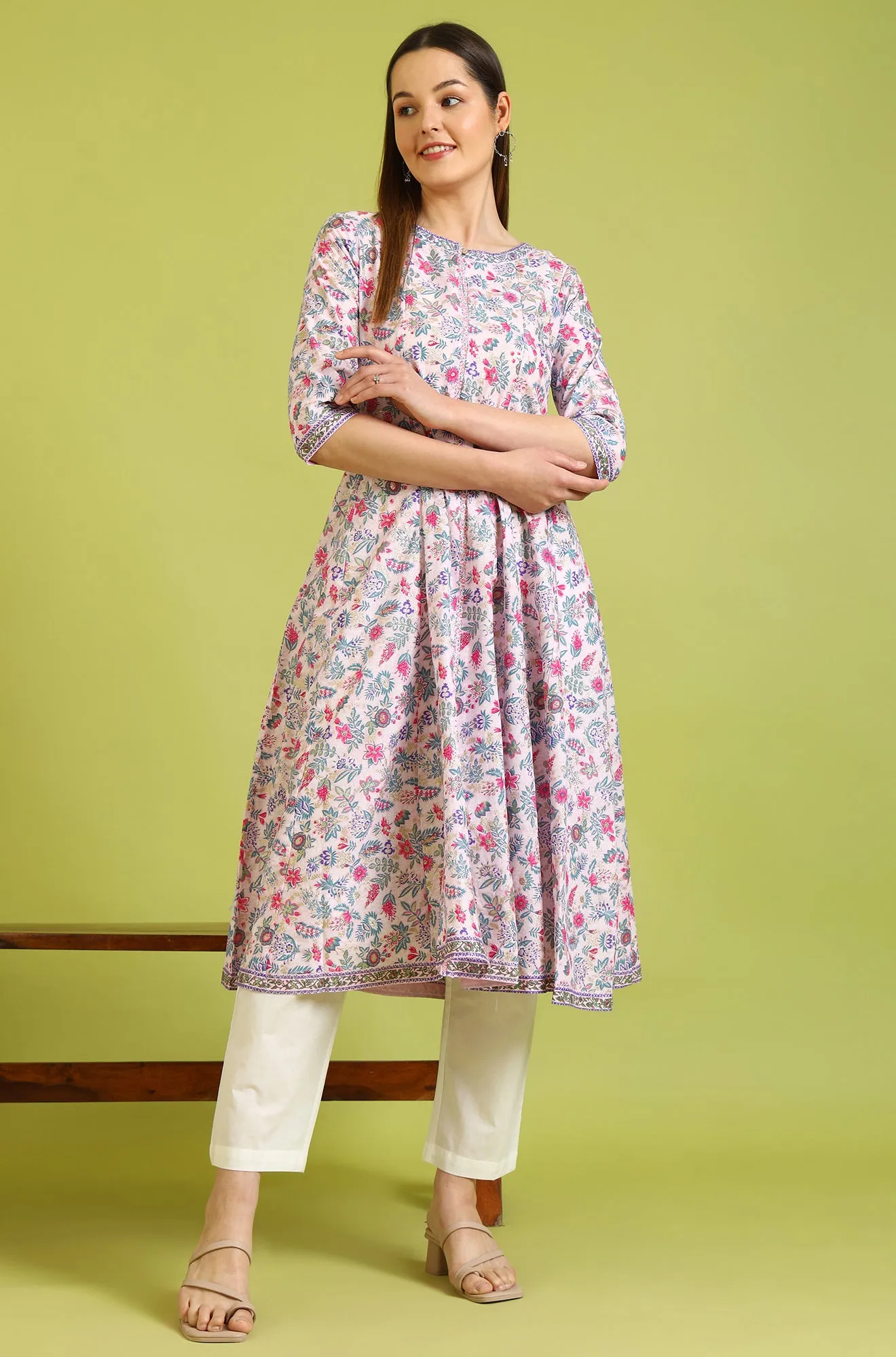 Pink Floral Printed Pure Cotton Flared Kurta and Pants Set
