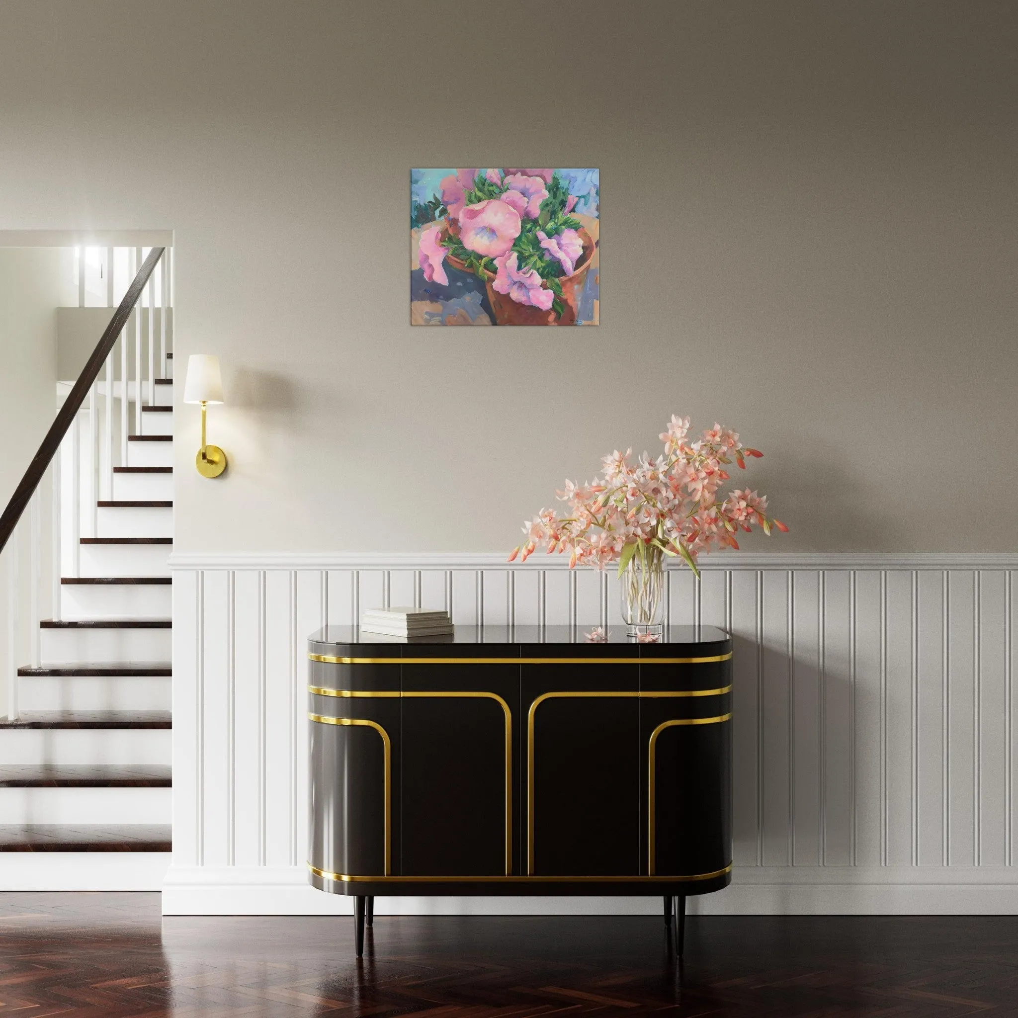'Pink Petals in Bloom Floral I 20x24 inch Art Print on Canvas I Original Artwork by American Artist Barbara Cleary