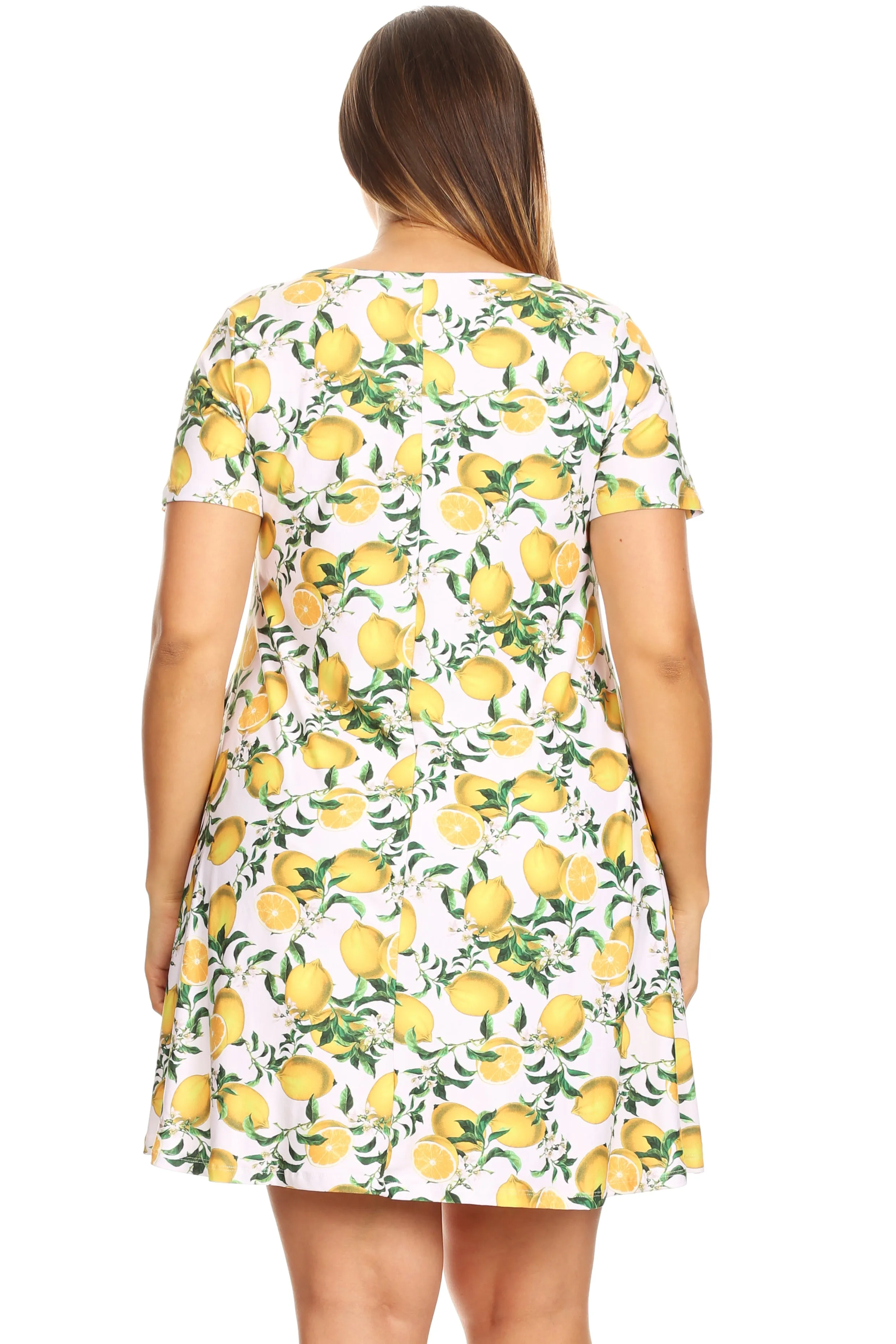 Plus Size Refreshing Lemon Print Short Sleeve Fit and Flare Dress