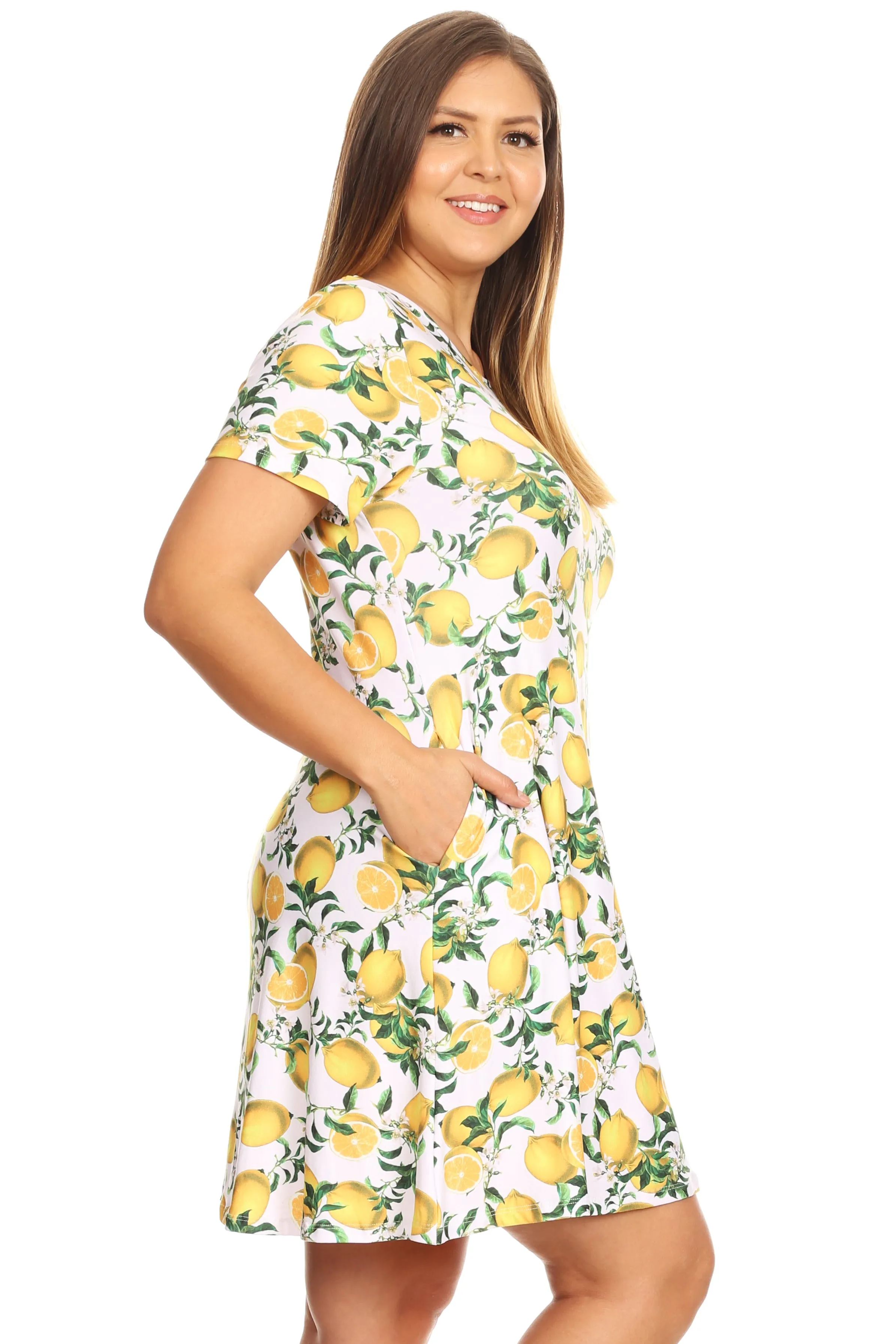 Plus Size Refreshing Lemon Print Short Sleeve Fit and Flare Dress