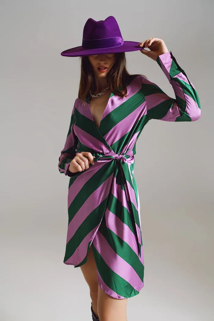 Q2 Satin Lilac & Green Striped Wrap Dress