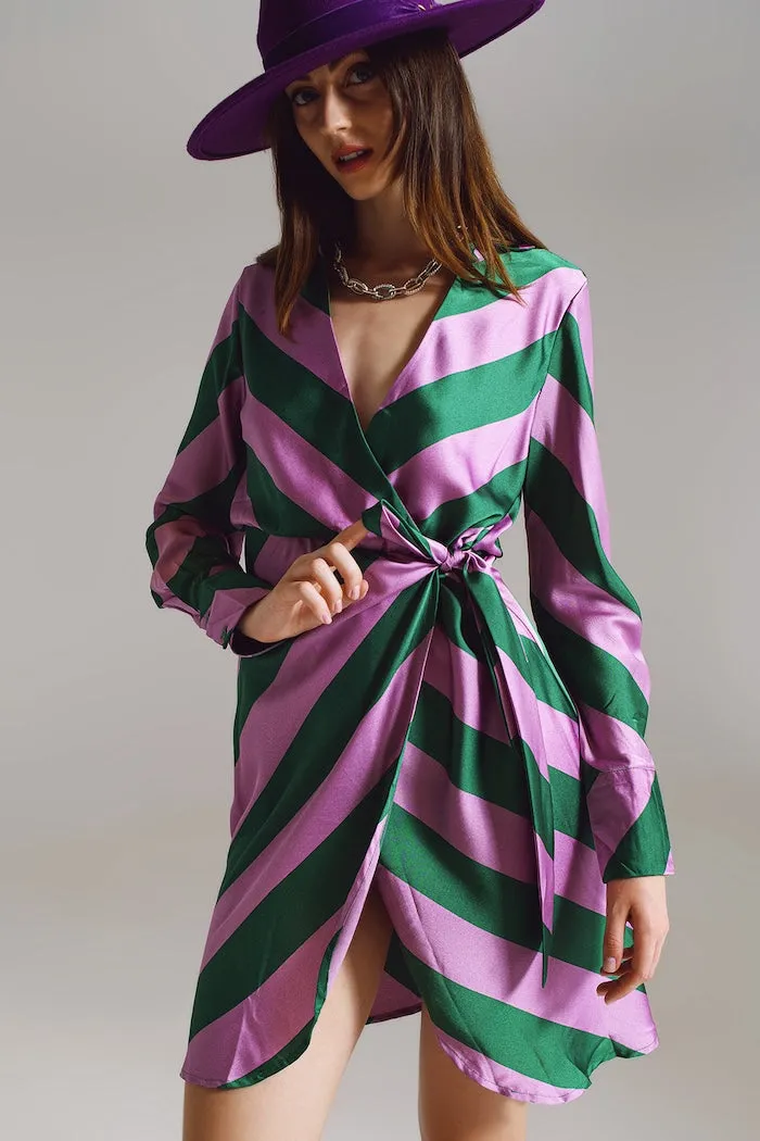 Q2 Satin Lilac & Green Striped Wrap Dress