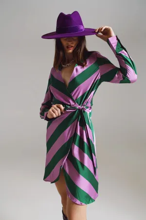 Q2 Satin Lilac & Green Striped Wrap Dress