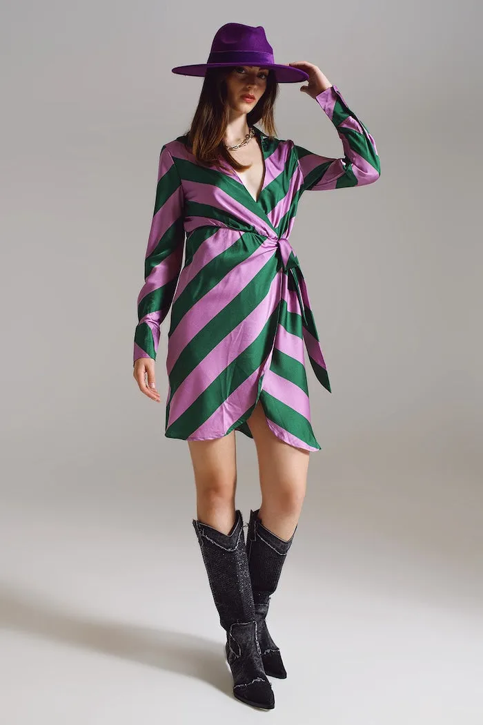 Q2 Satin Lilac & Green Striped Wrap Dress